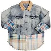 Free People Sirius Denim Jean Jacket Womens Medium Blue Plaid Oversized Pockets