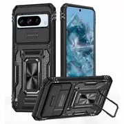 For Google Pixel 8 Pro Slide Camera Cover & Kickstand, Built-in 360° Rotate Ring Stand Magnetic Ring Shockproof Heavy Duty Case (Black)