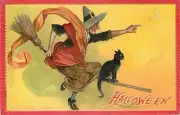 Raphael Tuck Flying Witch on Broomstick Halloween Prints or Window/Door Decals