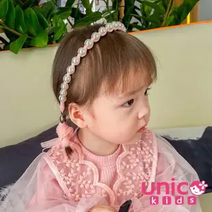 【UNICO】兒童 公主風珍珠蕾絲緞帶蝴蝶結花環髮帶/髮箍(髮飾/配件/聖誕)