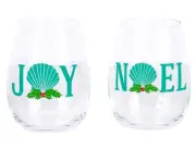 Seaside Holiday Joy and Noel Words Stemless Wine Glasses Set of 2