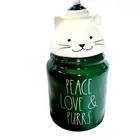 Rae Dunn Green White Peace Love and Purrs Cat Treat Cookie Jar Ceramic Canister