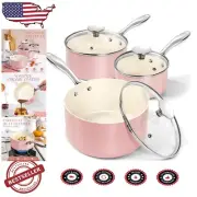 Elegant Non-Stick 3-Piece Ceramic Saucepan Set in Pink - 1QT, 2QT, 3QT