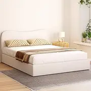 Queen Size Boucle Bed Frame Beige Upholstered Wooden Slat Support Stylish