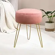 Velvet Round Stool Dressing Table Stool, Makeup Vanity Stool, Ottoman Padded Stool Metal Legs Support, Pink