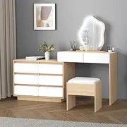 ALFORDSON Dressing Table Vanity Stool Set with 8-Drawer Storage, Adjustable Width, LED Mirror, Matching Stool - USB Powered, 3 Light Colors & 10 Brightness Levels, Wood White Color
