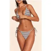 Navy Stripe Tie Side Bikini Bottoms, Navy