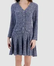 Taylor Women Blue V-Neck Button-Front Boucle Tweed Dress Size 10