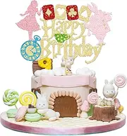 Gyufise 1Pc Alice Happy Birthday Cake Topper Black Glitter Magical Poker Bunny Bowl Clock Fairy Eat Me Cake Decorations for Alice in Wonderland Theme Tea Party Baby Shower Kids Birthday Party Supplies
