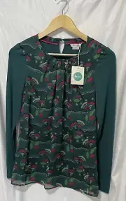 Boden Matilda Top Hunter Green Jersey Knit Sheer Printed Chiffon Overlay Size 2