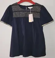 NWT NEW Boden US 6 May Flutter Sleeve Smocked Navy Top Gold Metallic Trim