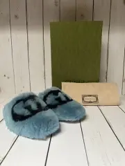 Gucci Interlocking G Faux Fur Slipper Mules Sweet Blue/Black Sz 37 / 7