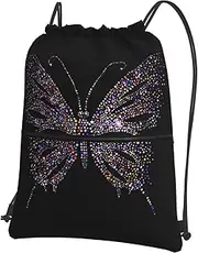 EdWal Rhinestone Butterfly Print Drawstring Backpack Gym Bags Sports Bags With Zipper Pocket For Travel Beach, Black, One Size