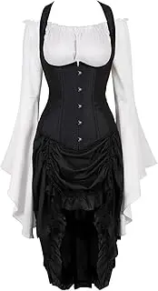 [Hengzhifeng] Steampunk Corsets Underbust Strap Bustier Tops with Pirate Skirt and Gothic Blouse Costume Women