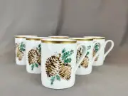 6 Crate & Barrel PINE CONE Winter Holiday Gold Rim 4" Mugs : MINT