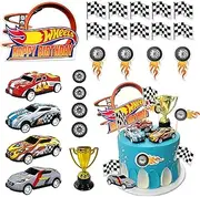 MEMOVAN Race Car Birthday Cake Decoration 24PCS Racing Cake Toppers Checkered Flag Cupcake Decorations for Man Boy Kid Racing Theme Birthday Supplies Party Favors