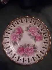Royal Sealy China Saucer Rose Iridescent GoldTrim Lattice Reticulated Lusterware