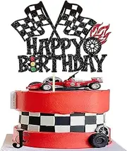 1 Pack Race Car Cake Topper Black Glitter Checkered Flag Happy Birthday Cake Pick Racing Car Cake Decoration for Let's Go Racing Theme Baby Shower Kids Boys Girls Birthday Party Supplies (#2)