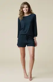 Softies Dream 3/4 Sleeve Boatneck Top with Shorts Set in Black at Nordstrom, Size X-Large