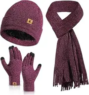 [Honnesserry] Winter Beanie Hat Scarf Touchscreen Gloves Set for Women, Thermal Hat Scarves with Tassel for Men Women, Rose, One Size