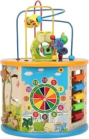 Activity Cube, 8 in 1 Wooden Activity Cube Six‑Sided Box with Bead Maze,Chess,Digital Flip,Rotating Gear,Digital Clock,Shape Blocks Exquisite Multipurpose Educational Toys for Kids Birthday Gifts(1)