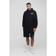Mens Black Oversized Boxy Limited Drop Crotch Hooded Short Tracksuit