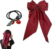 Bowknot Hairpin with Cherry Hair Bands, Big Bow Hair Clips Red Satin Silky Hair Bows, Bow Barrettes with Long Ribbon, Long Tail French Bow Hair Clip Bowknot Hair Accessories for Women Girls (Red)