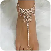 [Octwine] Boho Summer Beach Silver Rhinestone Foot Chain with Toe Ring Blue Rhinestones Crystal Anklets Wedding Bridal Rhinestone Foot Chain Anklet for Women 1Pcs