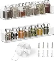 PMMASTO Adhesive Acrylic Spice Rack Organizer for Wall with Nano Double Sided Tape, Spice Shelf Organization for Kitchen Cabinet Door/Pantry Door, Wall Mount Seasoning Rack (Clear-2 Pack)