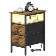 Advwin LED Side Table Sofa End Table w/ Charging Station & 2 Drawer Narrow Bedside Table Walnut
