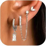 [JeweBella] 3 Pairs Hypoallergenic Silver Earrings for Women 14K Gold Plated Dainty Stackable Stud Dangle Hoop Earrings Set Chain Hoop Earring Stack Cartilage Earring Sets for Multiple Piercings