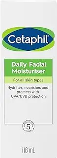 CETAPHIL Daily Facial Moisturiser 118ml, Gentle Face Moisturiser for All Skin Types, UVA/UVB protection, With Hydrating Glycerin & Vitamin E, Dermatologist Tested