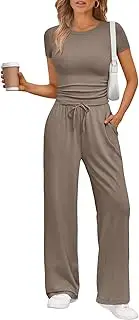 [Trendy Queen] 2 Piece Matching Summer Sweatsuit Lounge Set Womens Wide Leg Pants Side Ruching Crop Top Sets