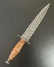 14" Military Style Double Edge, Full Tang Stacked Leather Damascus Knife