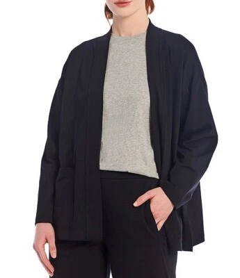 Eileen Fisher High Collar Organic Cotton Stretch Jersey Kimono Black Jacket L