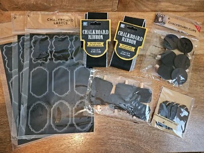LOT CHALKBOARD Labels, Ribbon, Clips, and Wood tags -8 pkgs - 45pcs New!