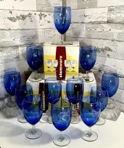 HTF 12 NIB Libbey Stemware Napa Iced Tea Mediterranean Blue w/clear Hexagon Stem