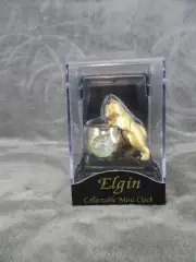 Elgin Quartz Gold Cat Figurine Fishbowl Collectable Mini Clock in Display Case