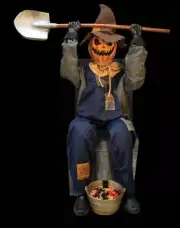 5' ANIMATED DEMENTED SCARECROW GREETER w SHOVEL HALLOWEEN GREETER HAUNT PROP!