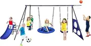 OGL 6 in 1 Swing Set with Slide Seesaw Basketball Hoop Football Gate-Outdoor Heavy-Duty Metal Children Playset for Kids