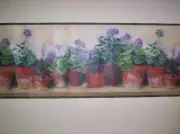 PURPLE GERANIUMS IN CLAY POTS PREPASTED WALLPAPER BORDER # PC95082B