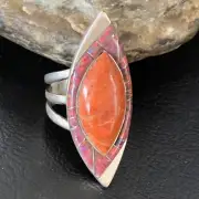 Native Navajo Red Spiny Oyster & Opal Sterling Silver Inlay Ring Size 10 12845