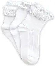 [Jefferies Socks] Girls' Seamless Eyelet Lace Ruffle Bubble Stitch Ankle Socks 3 Pair Pack