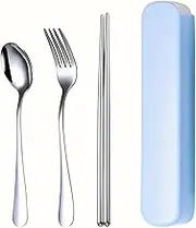 Travel Utensils 1set-Chopsticks and Spoons Set,Portable Single Lunch Tableware Storage Box, Stainless(Blue-1set)