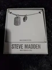 New Steve Madden Men's Oxidized Stainless Steel Skull & Dog Tag 23" Necklace-NIB
