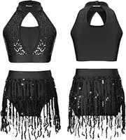 [Fldy] Kids Girls Sequin Jazz Latin Samba Dance Outfit Hollow Halter Top Fringe Dancewear Performance Set