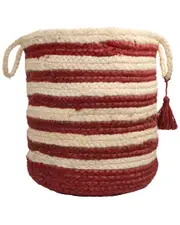LR Home Striped Hand-Braided Light Jute Red Decorate Storage Basket