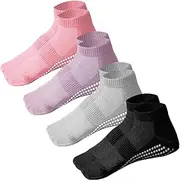[Dress Cici] Cotton Yoga Socks with Tab, Low Cut Ankle Pilates Socks with Bottom Silicone Dots Non Slip Grip Socks (4 Pairs)