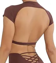[Adigau] Backless Sports Tops for Women Padded Workout Tank Tops Classic T Shirts Adults’ Open Back Crop Corset Top Yoga Crop Tops Coffee