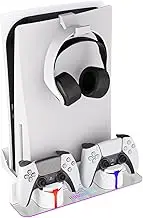 Hosanwell PS5 Wall Mount Kit with Charging Station, Compatible with PlayStation 5/Slim/Pro Disc & Digital Version, Dual Use Charging Station with Multi-Mode RGB Light, White
